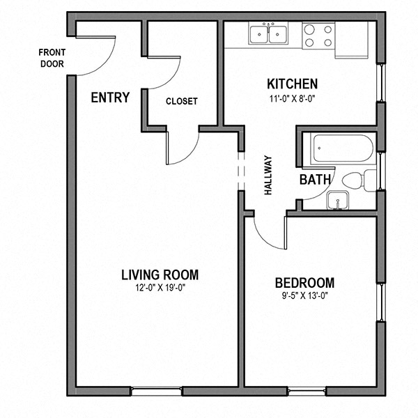 Floor plan for 1 bed, 1 bath, 570 sqft